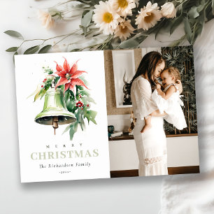 Christmas Bell Pine Poinsettia Watercolor Photo Holiday Card