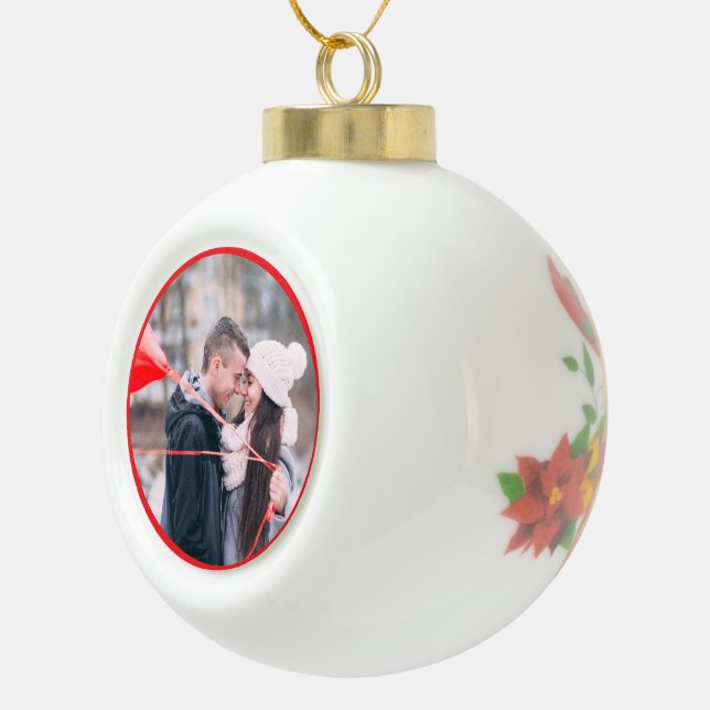 Christmas bell poinsettia Personalized Photo Ceramic Ball Christmas Ornament (Right)