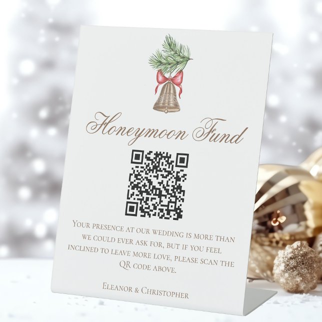 Christmas Bell Wedding Honeymoon Fund QR Code Pedestal Sign (Creator Uploaded)