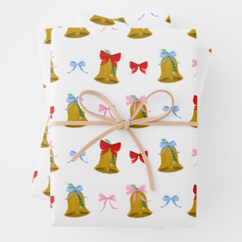 Christmas Bells and Christmas Bows Preppy Classic  Wrapping Paper Sheets