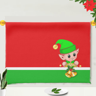 Christmas Bells and Cute Elf on Green and  Red