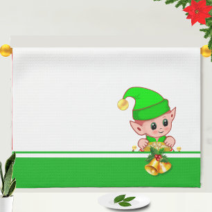 Christmas Bells and Cute Elf on Green and White Kitchen Towel