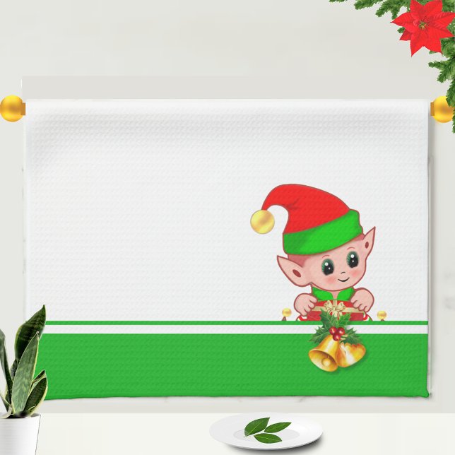 Christmas Bells and Cute Elf on Green and White Kitchen Towel (Creator Uploaded)
