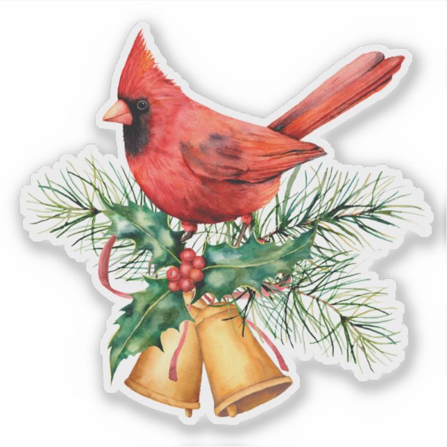 Christmas Bells and Evergreens Red Cardinal Sticker (Front)