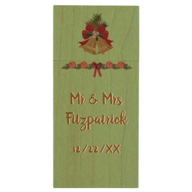 Christmas Bells and Garland Wedding Photos Flash D Wood Flash Drive (Back (Vertical))