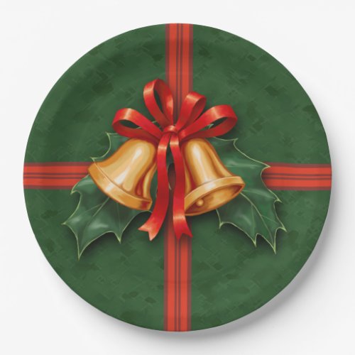 Christmas Bells and Holly Leaves Green Paper Plates