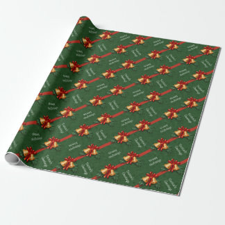 Christmas Bells and Holly Leaves Green Wrapping Paper