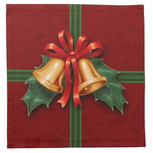 Christmas Bells and Holly Leaves Red Napkin