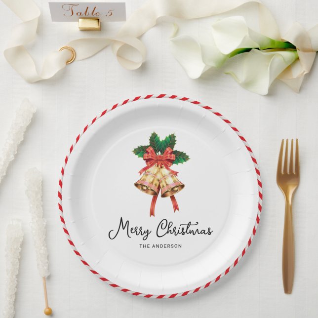 Christmas Bells And Red Ribbon Xmas Holiday Paper Plates (Wedding)