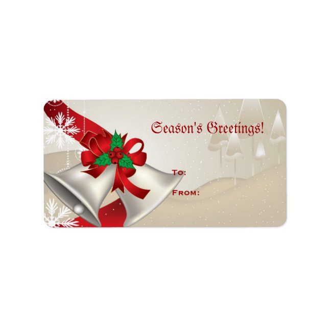 Christmas Bells And Ribbons On Beige Label (Front)