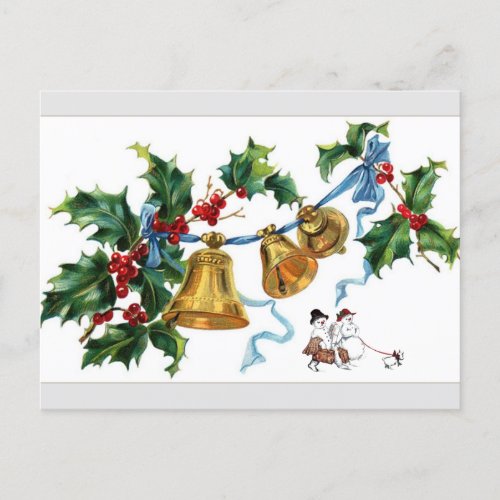 Christmas Bells And Snow Man Holiday Postcard