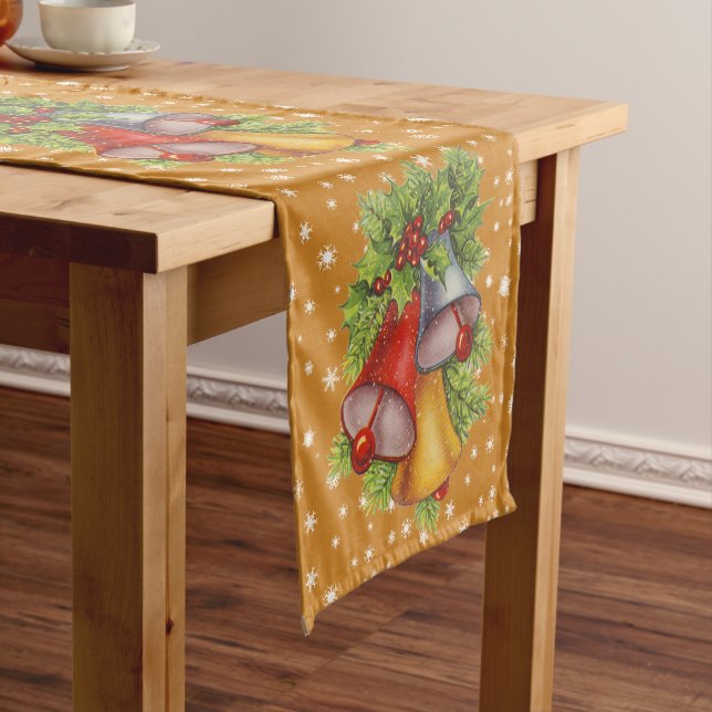 Christmas Bells and Snowflakes Gold Table Runner (In Situ)