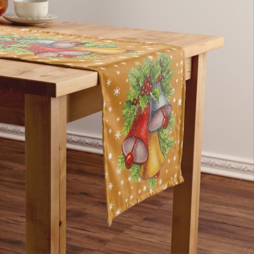 Christmas Bells and Snowflakes Gold Table Runner