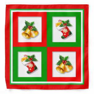 Christmas bells and stockings on square pattern bandana