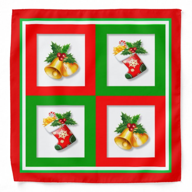 Christmas bells and stockings on square pattern bandana (Front)