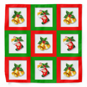 Christmas bells and stockings on square pattern bandana