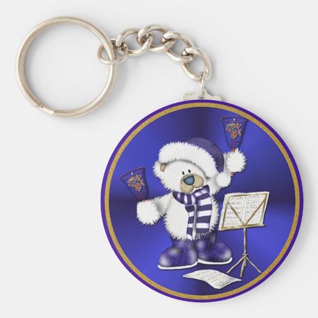 Christmas Bells Bear Blue and Gold Key Chain (Front)