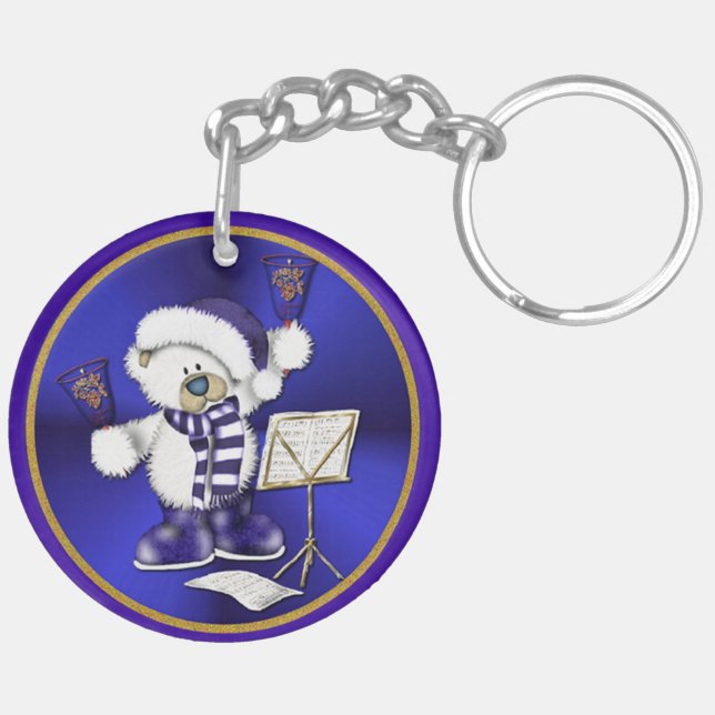 Christmas Bells Bear Blue & Gold Acrylic Key Chain (Back Right)