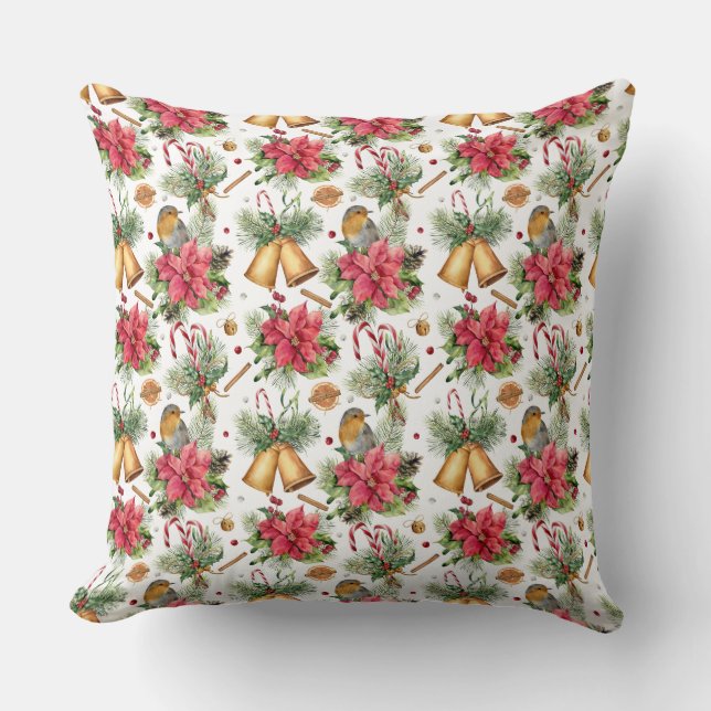 Christmas Bells, Birds & Poinsettias Throw Pillow (Front)