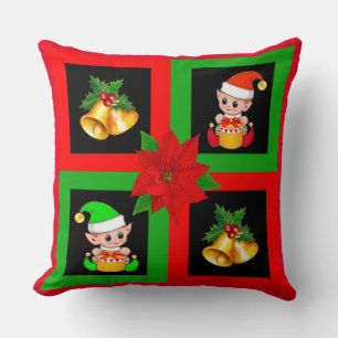 Christmas bells & elf on black, green & red throw pillow
