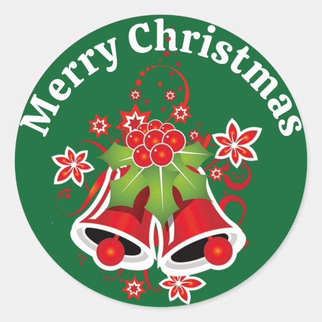 Christmas Bells Envelope Red & Green Holly Classic Round Sticker (Front)
