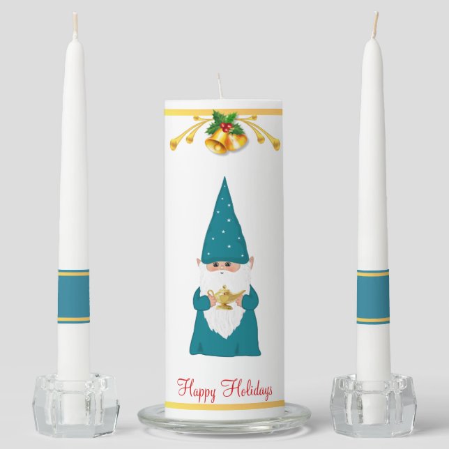 Christmas Bells & Gnome Dressed in Sapphire Blue Unity Candle Set (Front)