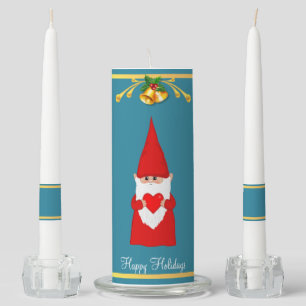 Christmas Bells & Gnome on Sapphire Blue Unity Candle Set