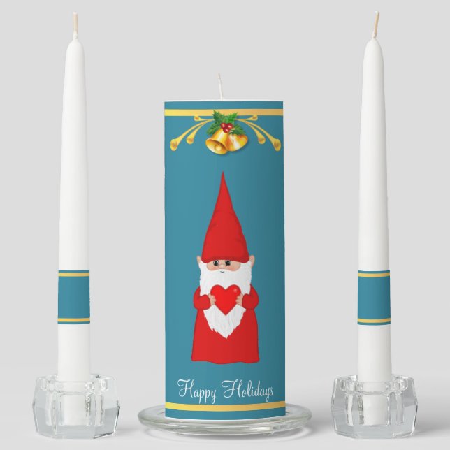 Christmas Bells & Gnome on Sapphire Blue Unity Candle Set (Front)