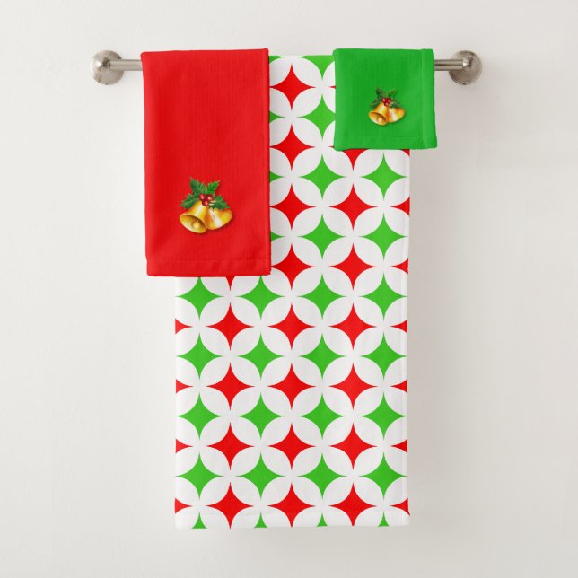 Christmas Bells & Green Red Diamond Star Pattern Bath Towel Set (Insitu)