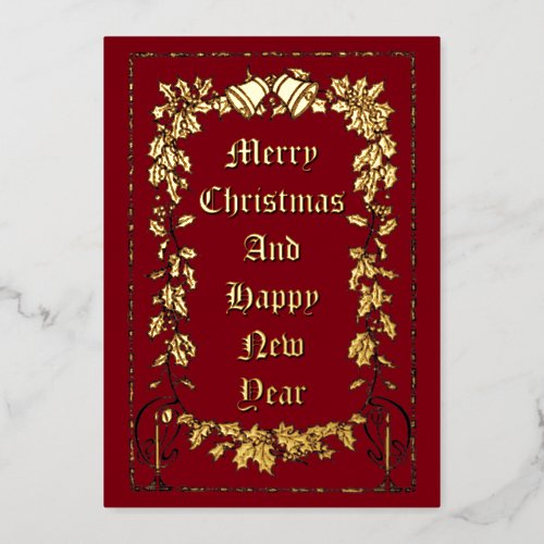 Christmas Bells  Holly Border Foil Holiday Card