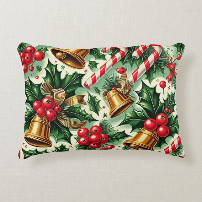 Christmas Bells holly candy canes art pattern Accent Pillow (Front)