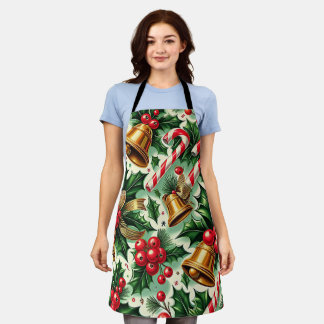 Christmas Bells holly candy canes art pattern Apron