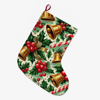 Christmas Bells holly candy canes art pattern Large Christmas Stocking