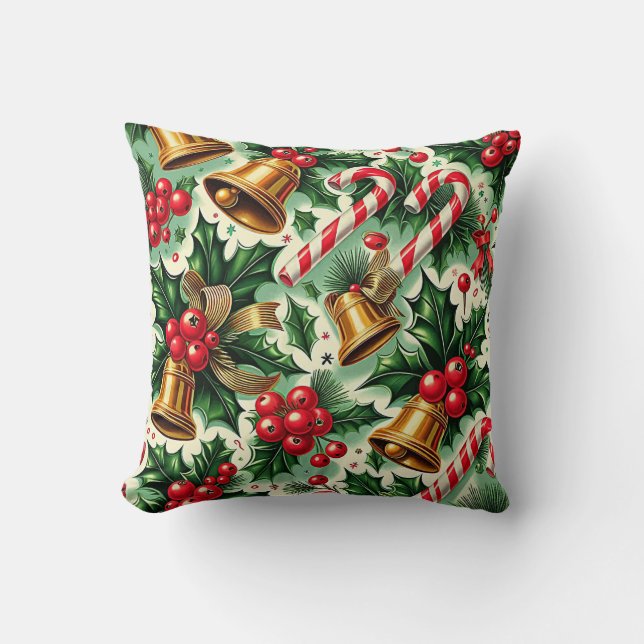 Christmas Bells holly candy canes art pattern Throw Pillow (Front)
