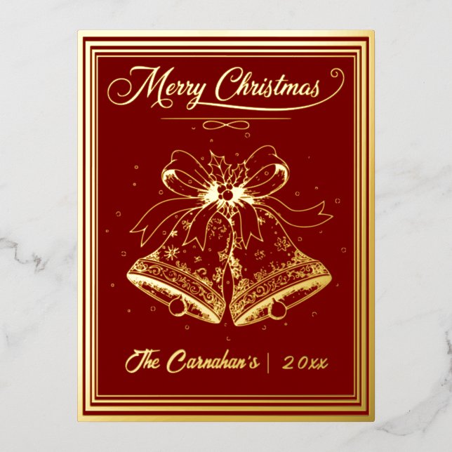 Christmas Bells in Gold with Red Foil Holiday Postcard (Front)