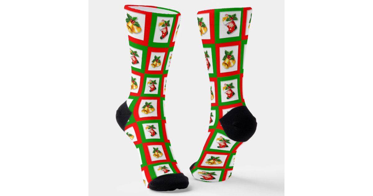 Christmas Bells in Green and Red Squares Crew Socks Zazzle