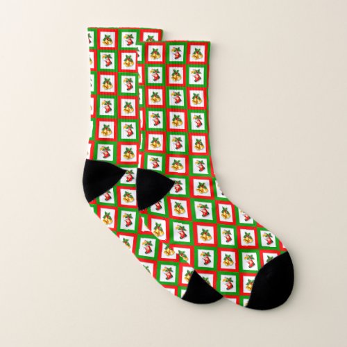 Christmas bells in green and red squares socks