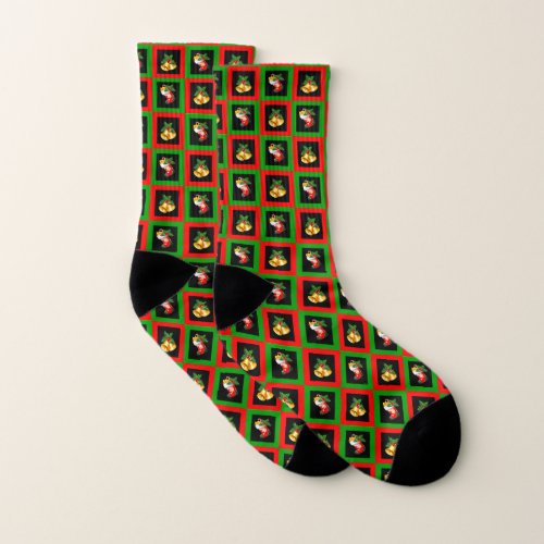 Christmas bells in green red  and black socks
