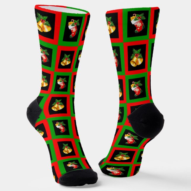 Christmas Bells in Squares on Black Crew Socks (Angled)