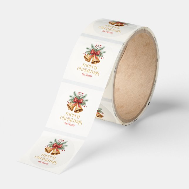 Christmas Bells Merry Christmas Retro Typography Classic Round Sticker (Roll)