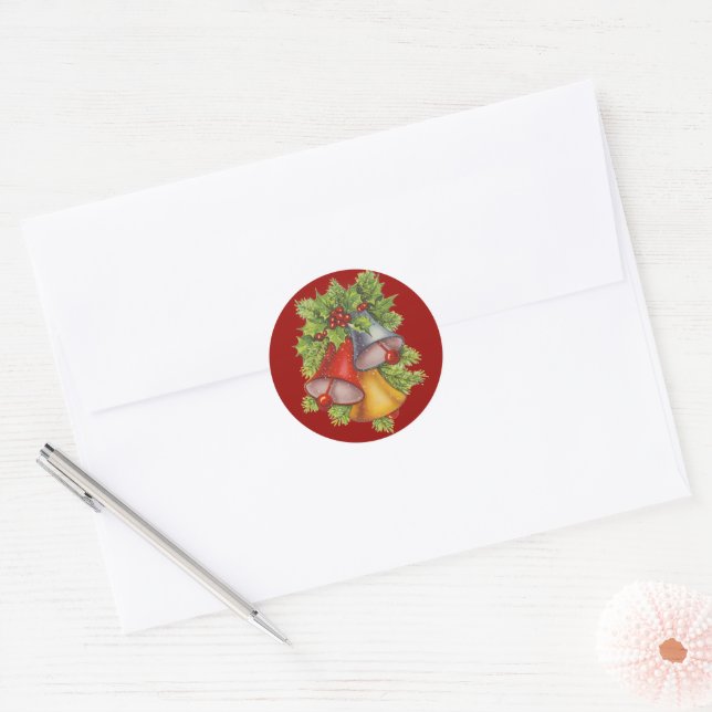Christmas Bells on Blue Classic Round Sticker (Envelope)