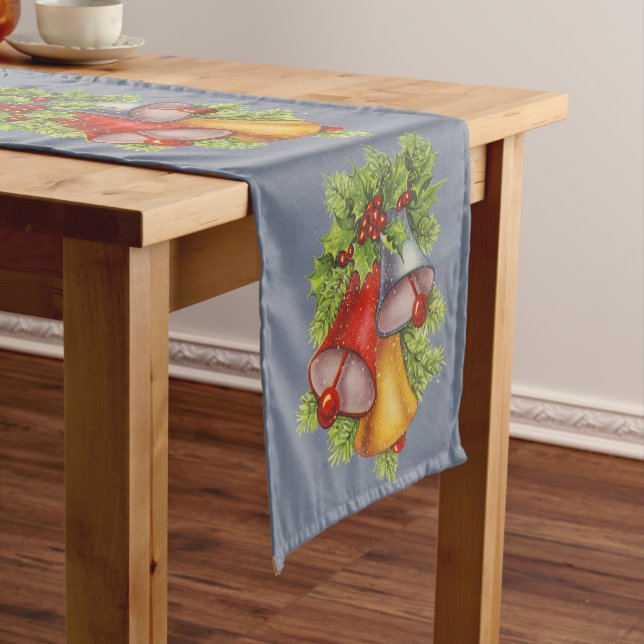 Christmas Bells on Blue Table Runner (In Situ)
