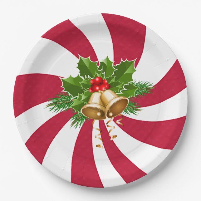 Christmas Bells on Peppermint Candy Paper Plates (Front)