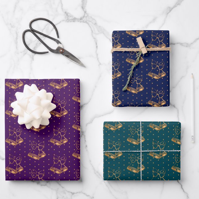 Christmas Bells on Purple, Navy and Teal Wrapping Paper Sheets (Front)