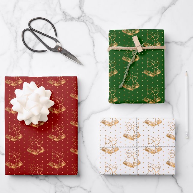 Christmas Bells on Red, Green and White Wrapping Paper Sheets (Front)