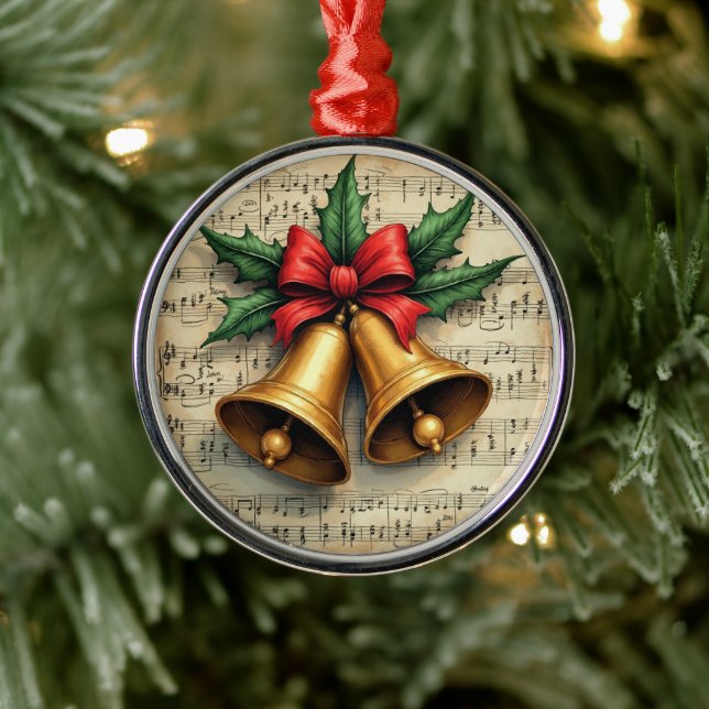 Christmas Bells on Sheet Music, Metal Ornament (Tree)