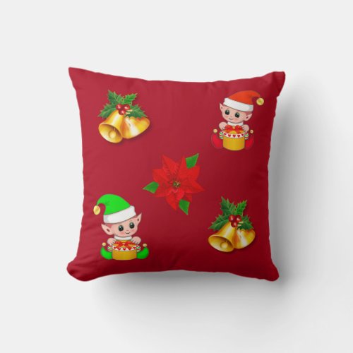Christmas bells poinsettia and cute elf on red throw pillow