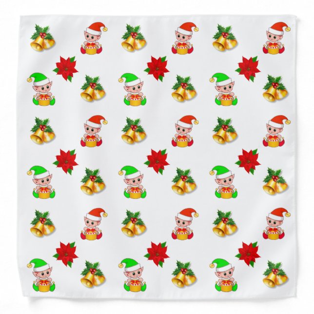 Christmas bells, poinsettia and cute elf ornament bandana (Front)