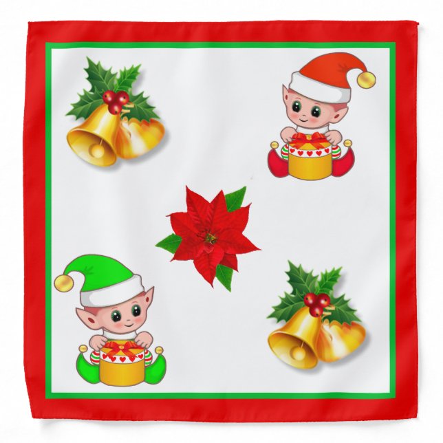 Christmas bells, poinsettia and cute elf ornament bandana (Front)