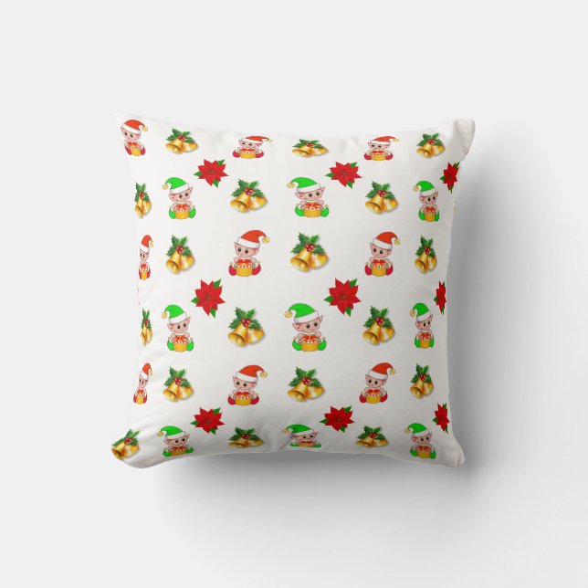 Christmas bells, poinsettia and cute elf ornament throw pillow (Front)